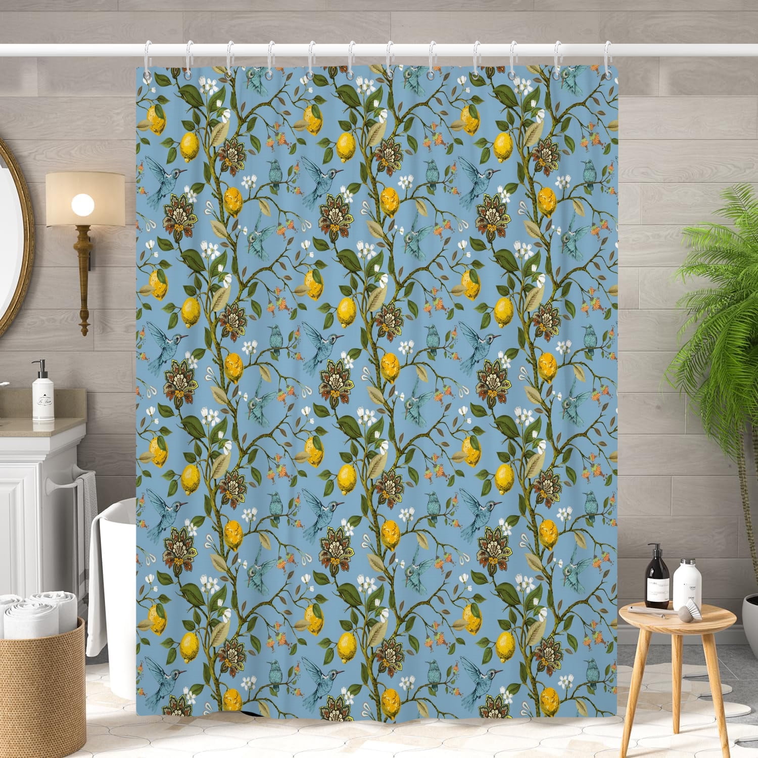 Blue Floral Bird Shower Curtain 72"x78",Hummingbird Botanical Bathroom Curtains,Vintage Farmhouse Chic French Country Style Bath Curtain Decor