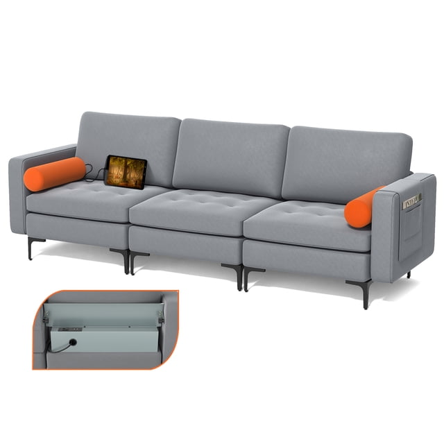 Costway Modular 3-Seat Sofa Couch with Socket USB Ports & Side Storage Pocket Ash Grey