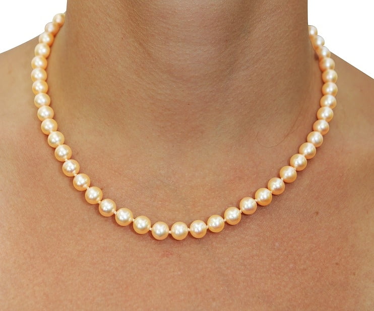 7.0-7.5mm Peach Freshwater Pearl Necklace - AAAA Quality 16 Choker Length / Ball Clasp 14K Yellow Gold