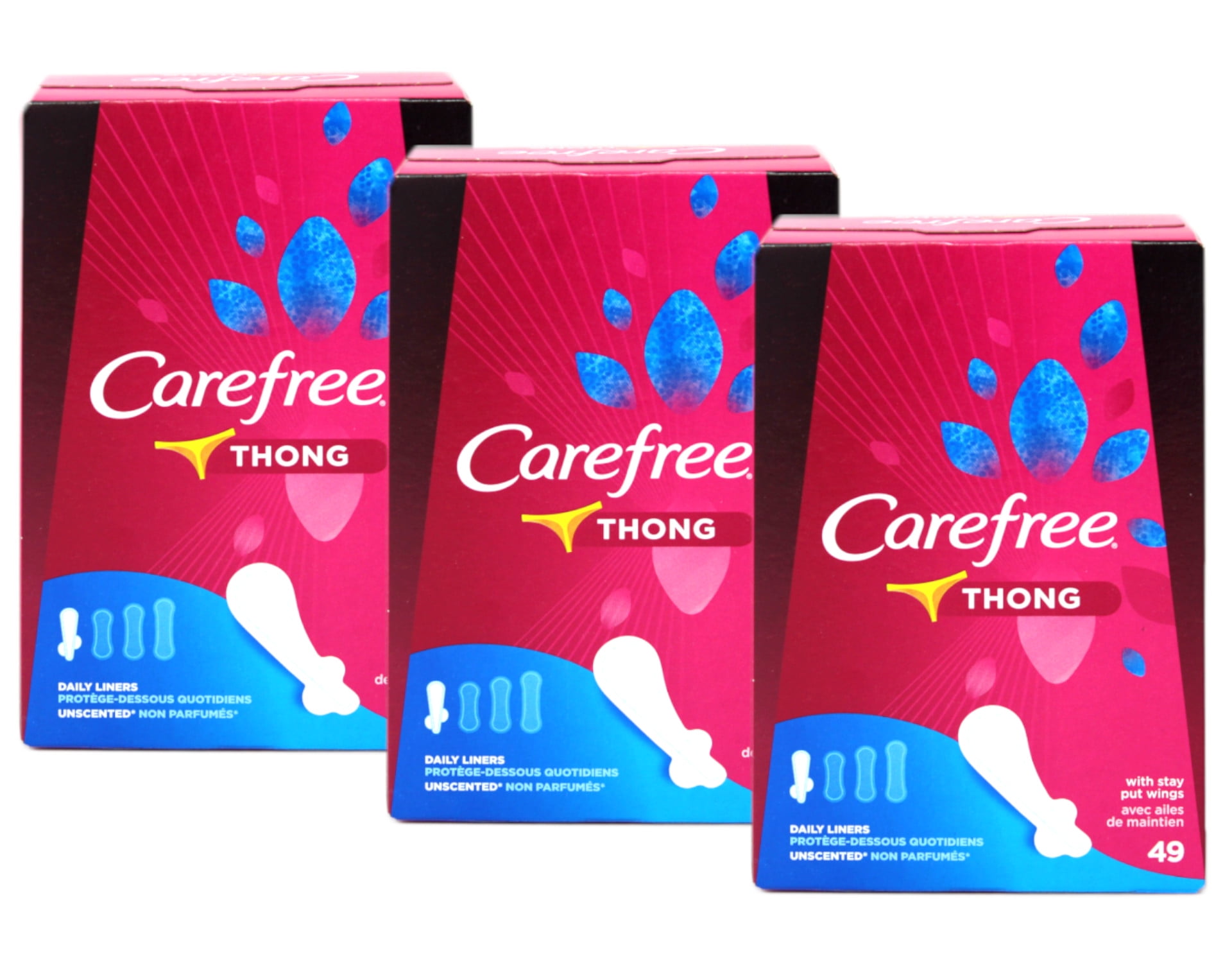 3 Pack Carefree Thong Panty Liners with Wings, Regular, Unscented, 49 ...