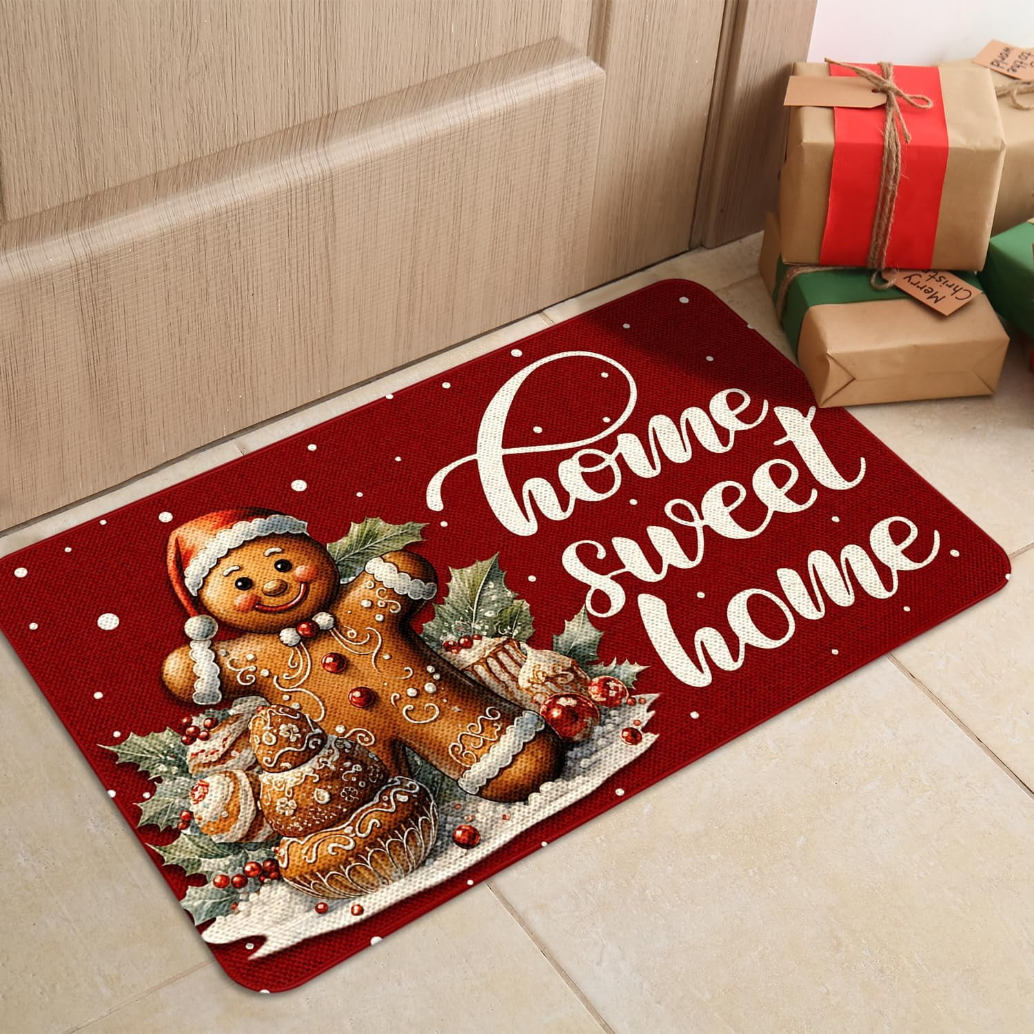Christmas Door Mat 17x29 Inch Home Sweet Home Doormat Decorative Outdoor Winter Christmas Gingerbread Decoration Indoor Outdoor Entrance Floor mat, Non Slip Welcome Party Decor
