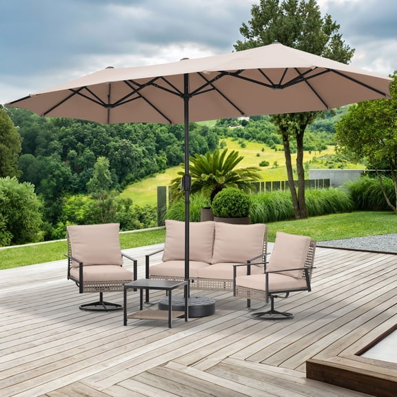 Autlaycil 6 pcs Patio Furniture Set, 13ft Beige Patio Umbrella and Base, Beige Wicker Rattan Rocker Loveseat, Swivel Rocking Chairs, Coffee Table