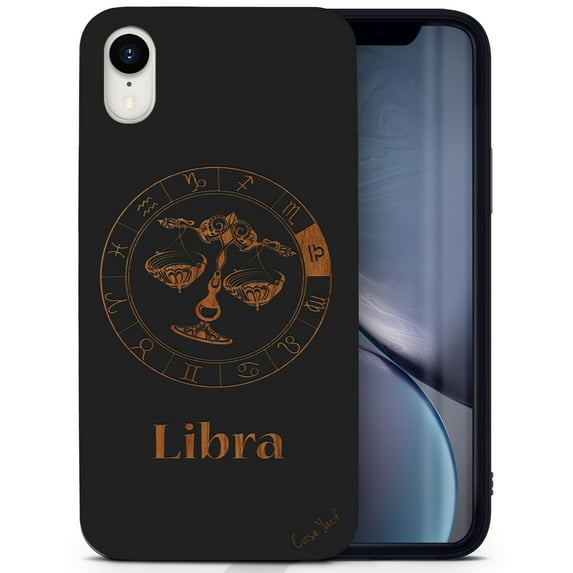 Wood phone case for iPhone XR compatible protective cell phone cover shockproof slim fit laser engraved Libra Sign design Black wood case for Men & Women by CaseYard