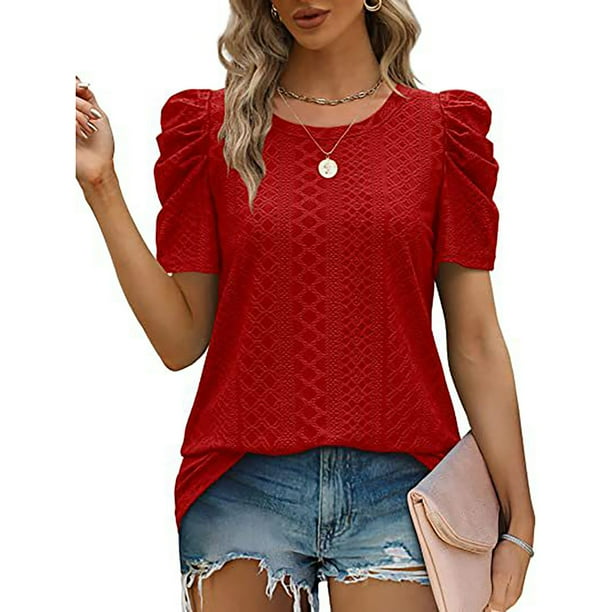 Blusa de manga abullonada con cuello redondo, blusa de manga
