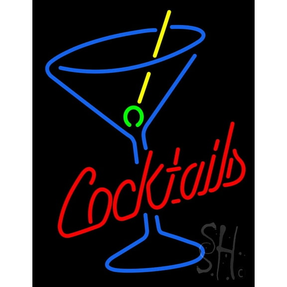 Cocktails and Martini Glass LED Neon Sign 24 x 31 - inches, Clear Edge Cut Acrylic Backing, with Dimmer - Bright and Premium built indoor LED Neon Sign for Bar decor.