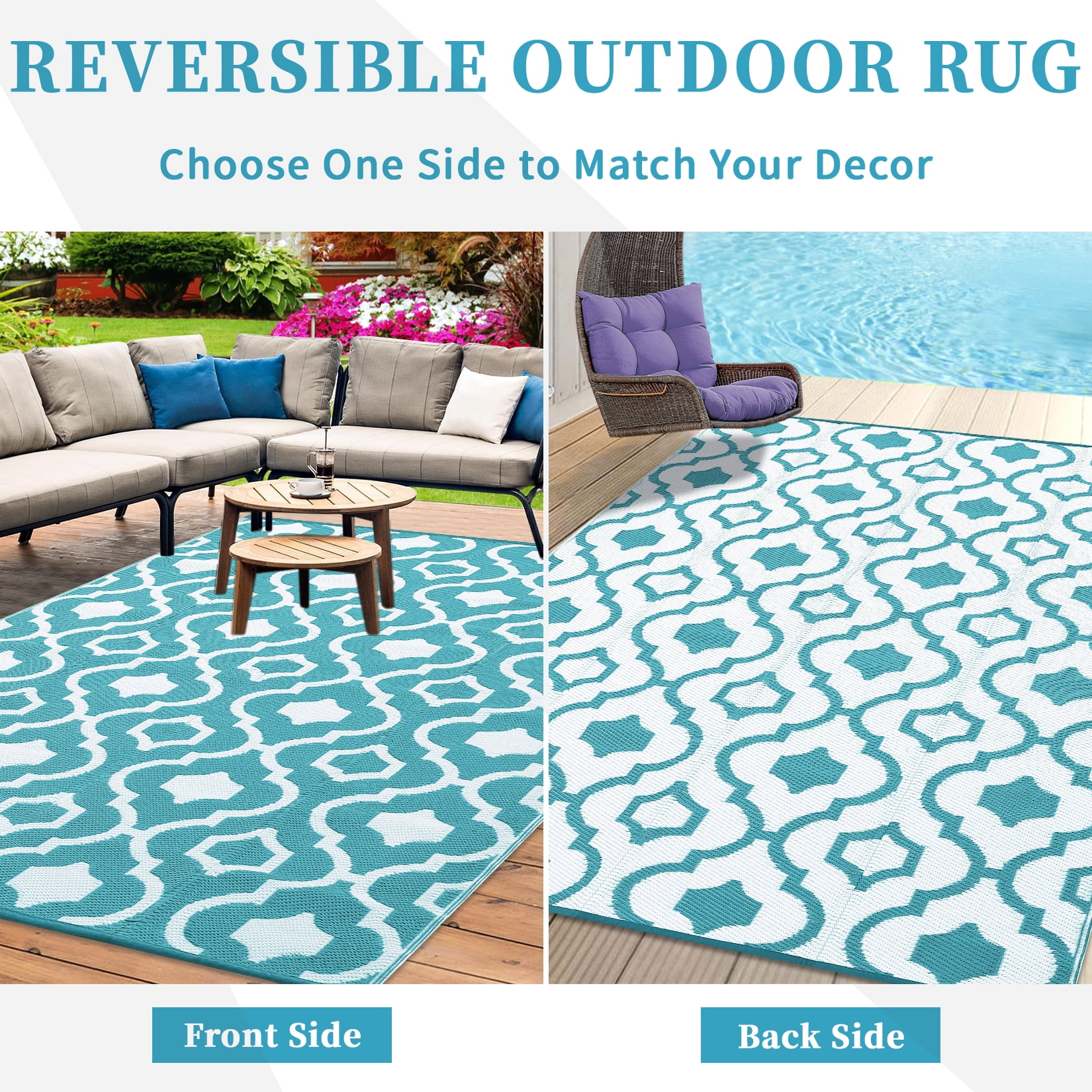 HOMERRY Outdoor Rug Straw Plastic Reversible Waterproof Outside Patio Rug, Blue/White Geometric Floral, 8'x 10'