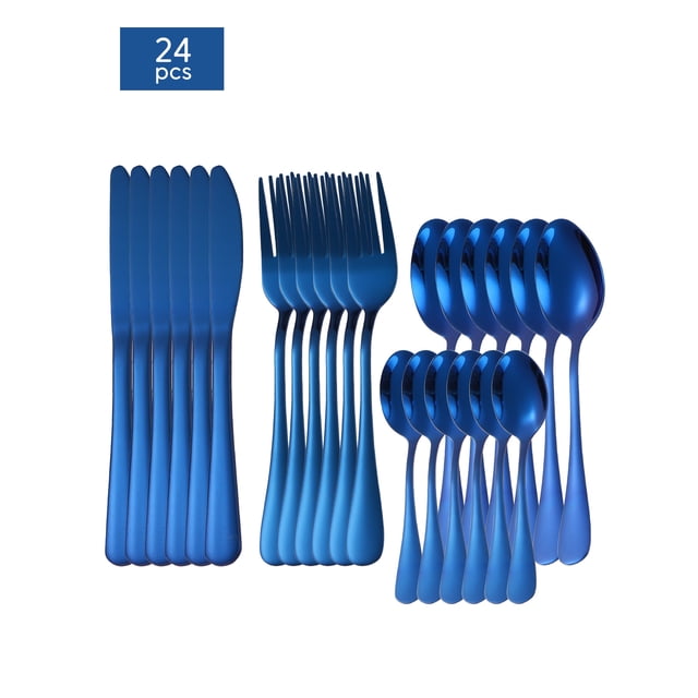 Fatty Farmer 24 Piece Silverware Cutlery Set, Silverware Flatware Set for 6, Stainless Steel Cutlery Tableware Set, Kitchen Utensils for Home Restaurant Party,Blue