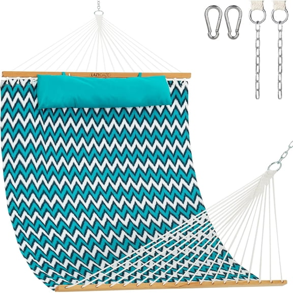 12 Ft Quilted Fabric Double Hammock with Spreader Bars and Detachable Pillow, 450 Lbs Capacity, White & Blue Chevron