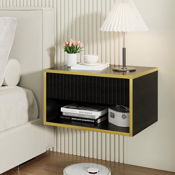 EKACO Floating Nightstand, Modern Night Stand with Drawer, Small Bedside Table End Table with Open Shelf Cubby, Wall Mounted Nightstand for Bedroom, Black and Gold