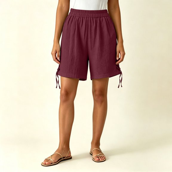Costeam Womens Elastic Waist Side Split Casual Shorts Solid Color Loose Fit Lightweight Woven Fabric with Deep Side Pockets Summer Comfy Walking Lounge Shorts