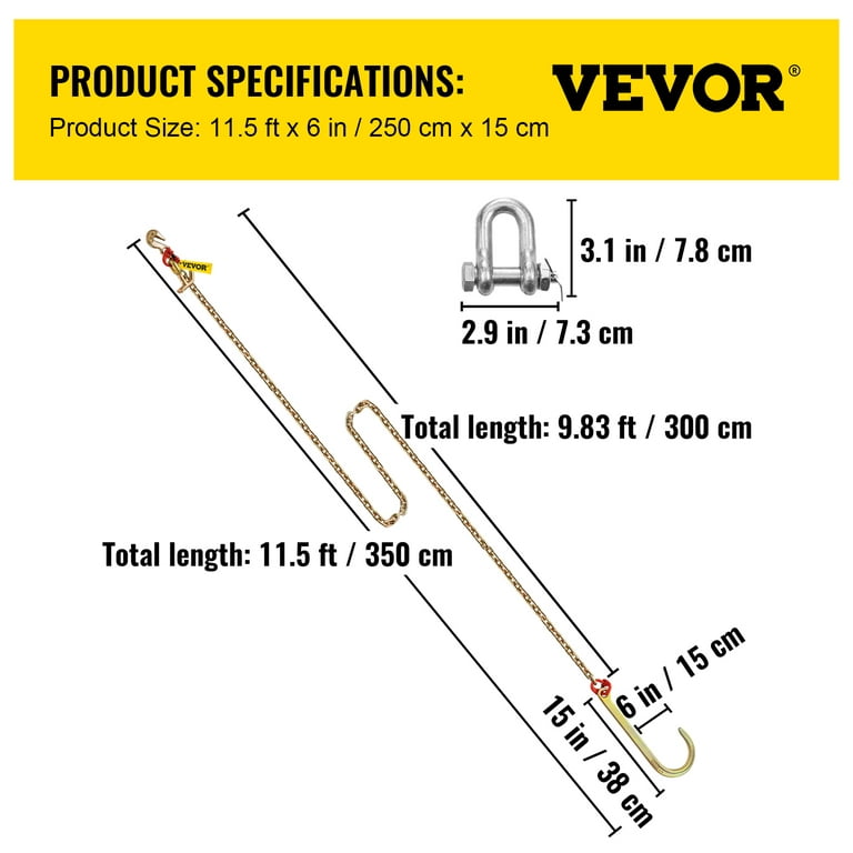 VEVOR J Hook Tow Chain, 5/16in x 10ft Tow Chain Bridle with 15 inch J Hook, Heavy  Duty Grade 80 J Hook Transport Chain with Mini T Hook, Heavy Duty 9260 lbs