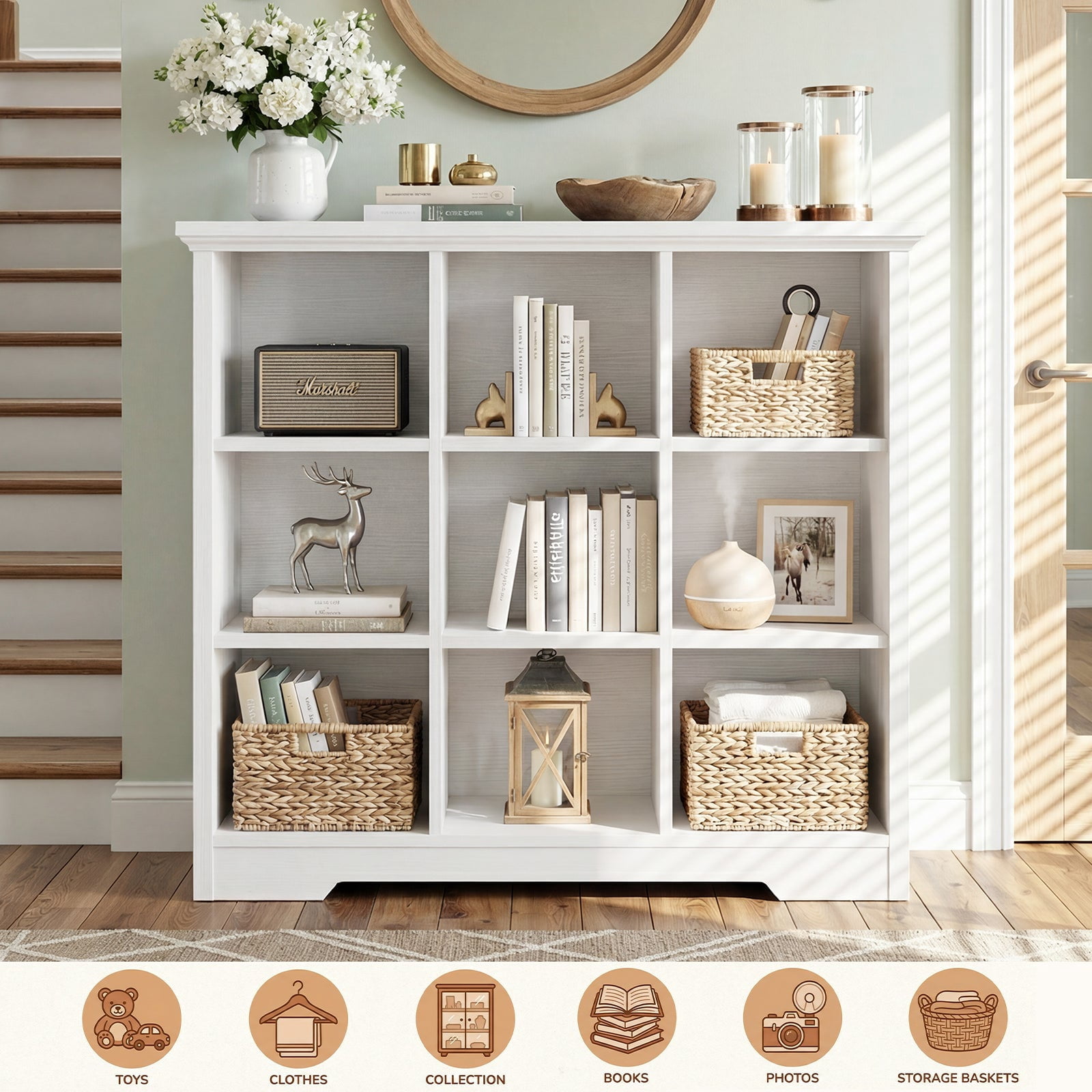 Homieasy 9 Cube Storage Organizer with Charging Station, 41'' Tall Wooden Cube Bookcase for Living Room, Bedroom, White