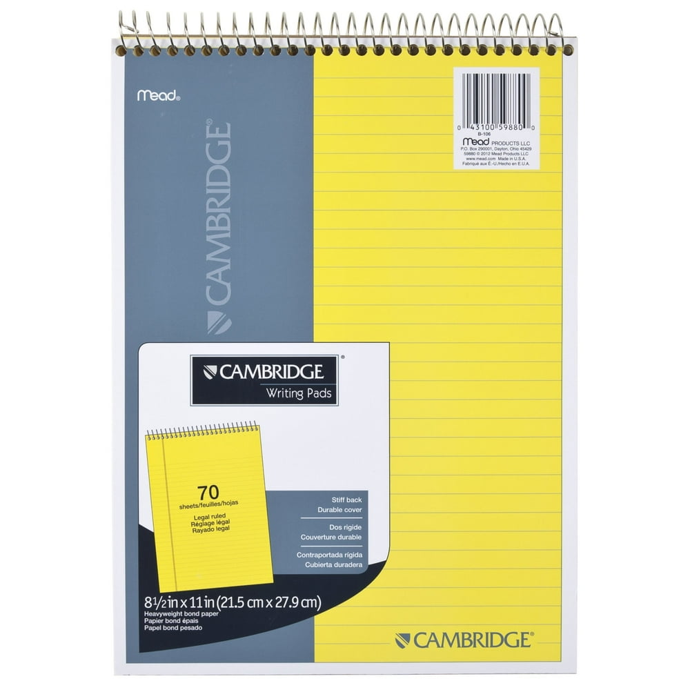Mead Legal Pad, Top Spiral Bound, Wide Ruled Paper, 70 Sheets, 81/2" x 11", Yellow Cyan