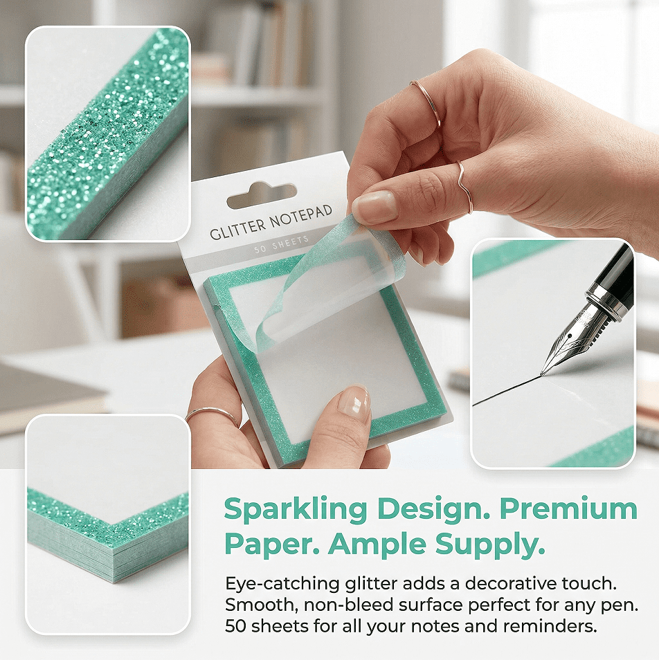 NLWF Glitter Translucent Sparkle Self-Adhesive Sticky Notes, Green