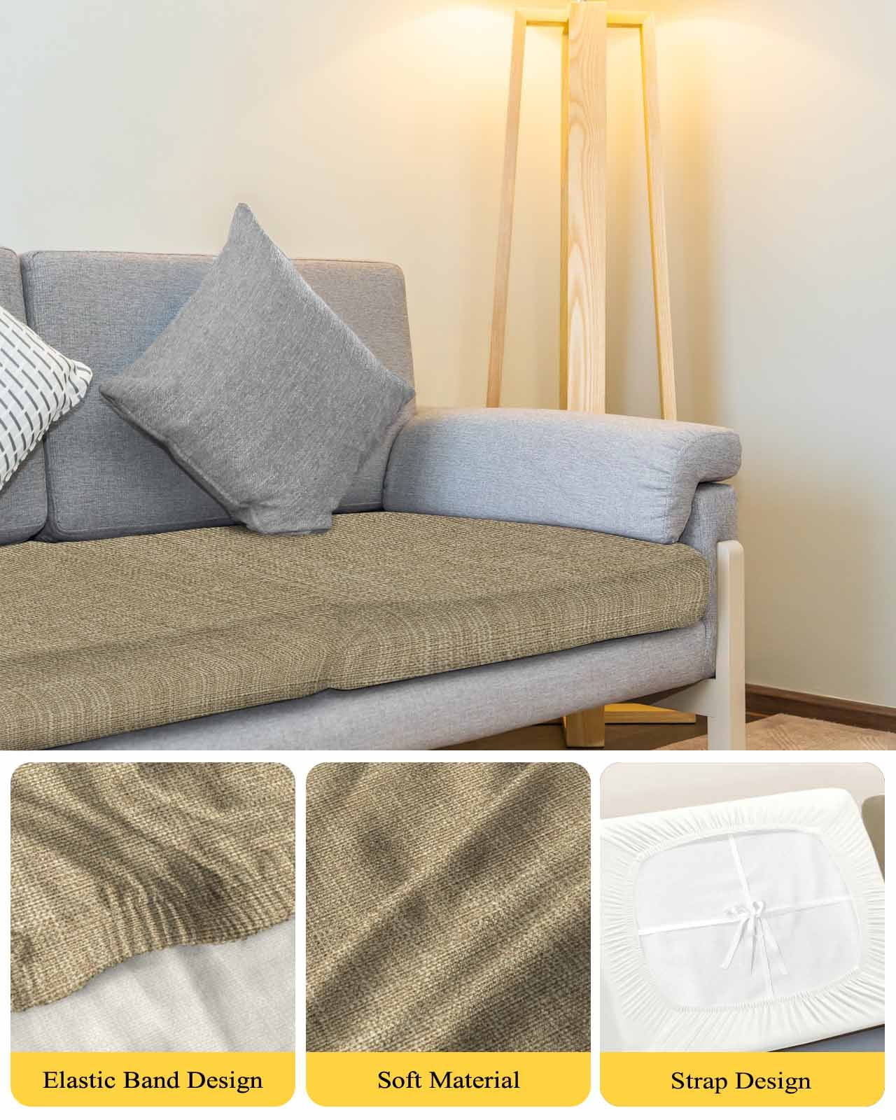 Brown Farmhouse Couch Cushion Covers,Stretch Seat Cushion Covers for Sectional Sofa,Vintage Country Monochrome Textured T-shaped Sofa&nbsp;Slipcovers Furniture Protector with Elastic&Straps 3Pcs,S