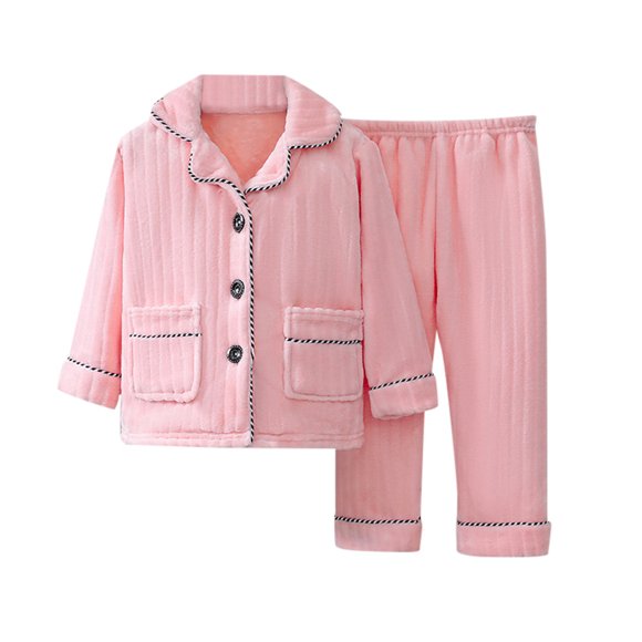 Child Fleece Pajama Sets Button Down Long Sleeve Shirt And Long Pants Boys Girls Solid Loungewear 2Pcs Boys Outfits&Set Pink 130/7 Y—8 Y