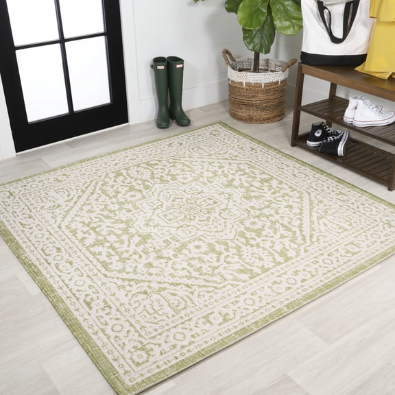 JONATHAN Y SANTA MONICA 5' Square Area Rug, Sinjuri Medallion Textured Weave - Green/Cream, SMB101E-5SQ