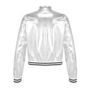 Raenseen Kids Girls Boys Shiny Metallic Hip Hop Jazz Dance Bomber Jacket Holographic Coat Disco Party Outerwear Silver 10