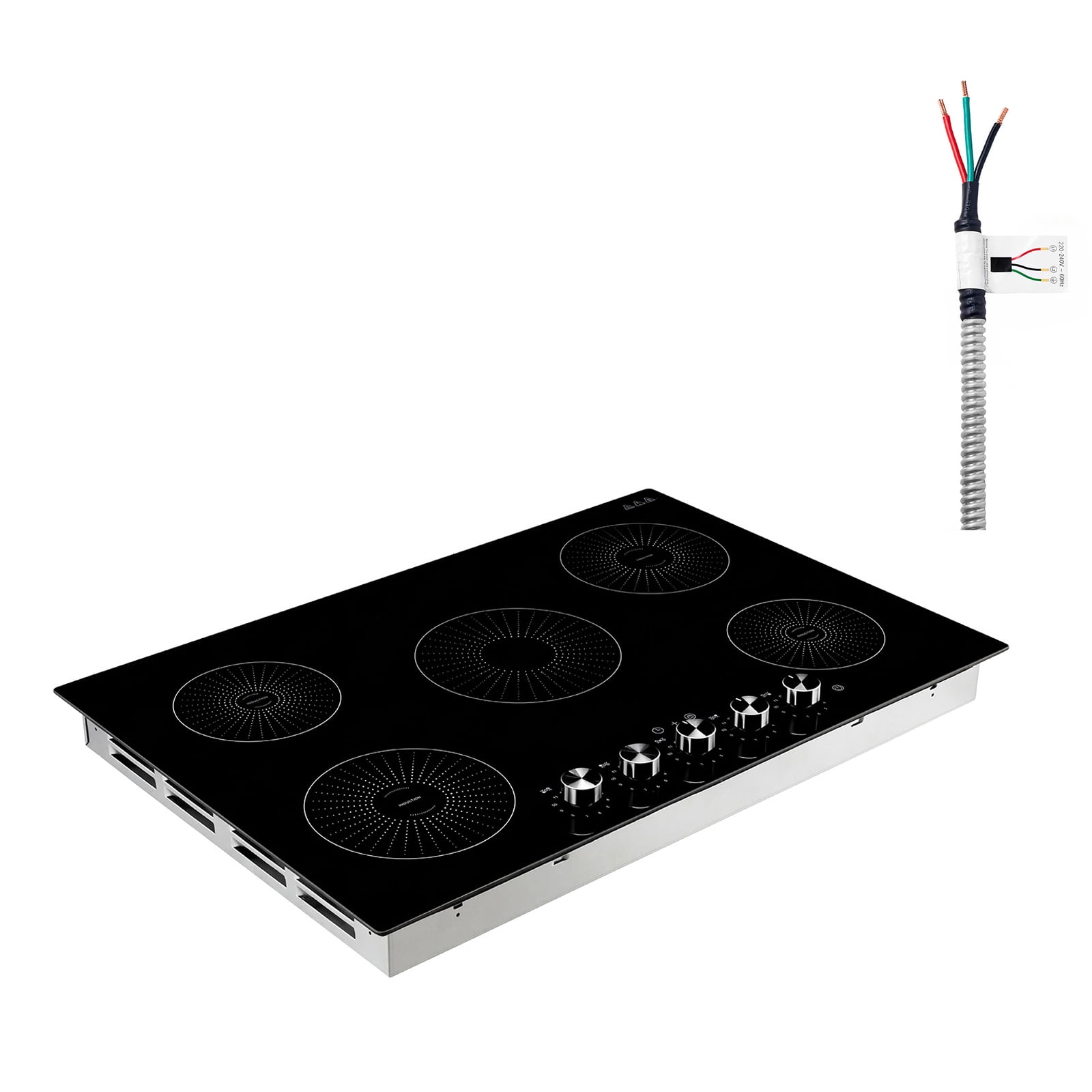 KFFKFF 30-Inch Built-in Induction Cooktop with 5 Burners, 220V 9200W Electric Stove for Kitchen, Features 11 Power Levels, Knob Control, Ceramic Glass Surface, and Child Safety Lock