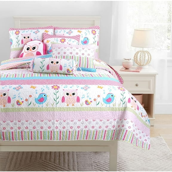 Cozy Line Home Fashions Happy Owl Pink Reversible Quilt Bedding Set, Coverlet, Bedspreads for Kids, Girls (Happy Owl, Twin - 6 Piece: 1 Quilt   1 Standard Sham   4 Decorative Pillows)