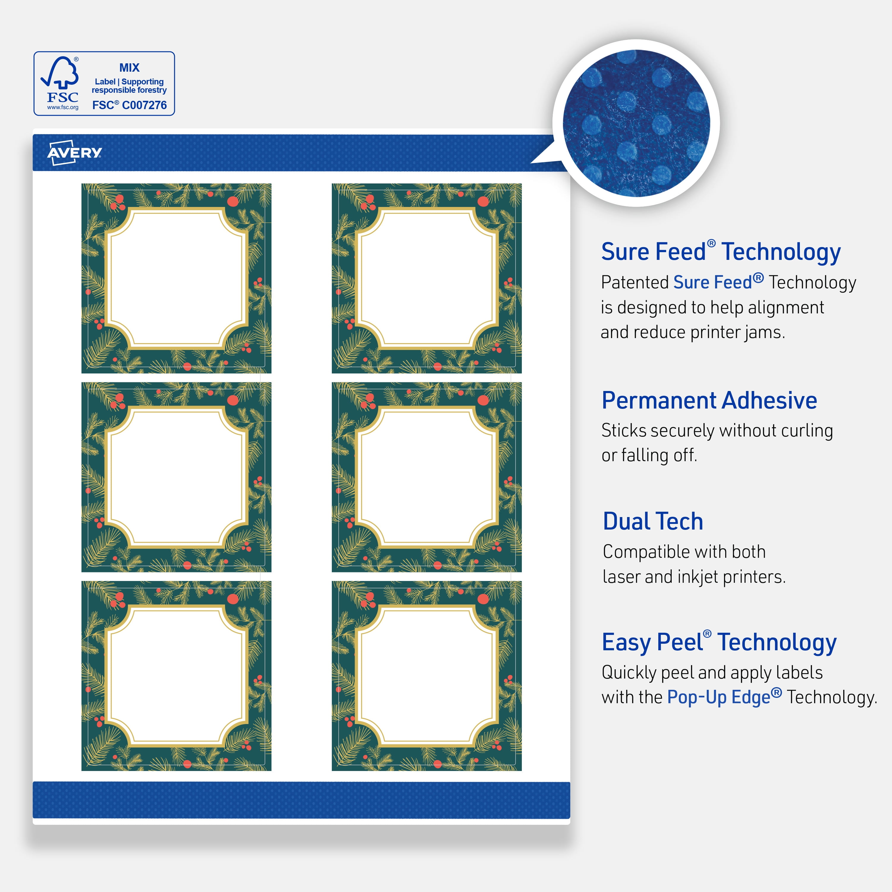 Avery Labels, 3" x 3", Matte White, Teal & Metallic Gold Frame