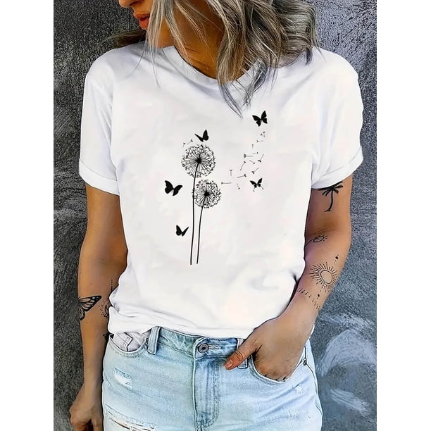 Camiseta informal para mujer con estampado de diente de león y mariposa: cuello redondo, manga corta, mezcla de algodón elástico, lavable a máquina. Perfecta para verano, creatividad, tendencia de mod