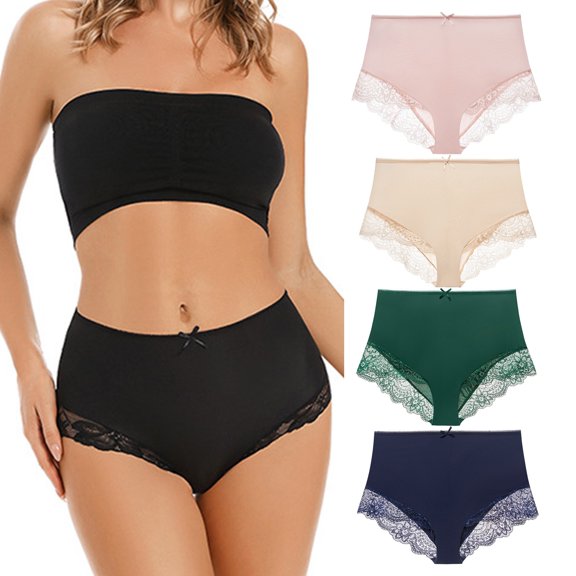 SAZBJOJN Womens Underwear Lace Edge High Waist Milk Silk Panties Plus Size Seamless Tummy Control Full Coverage Womens Underwear Daily Wear Comfort Underwear Pink L
