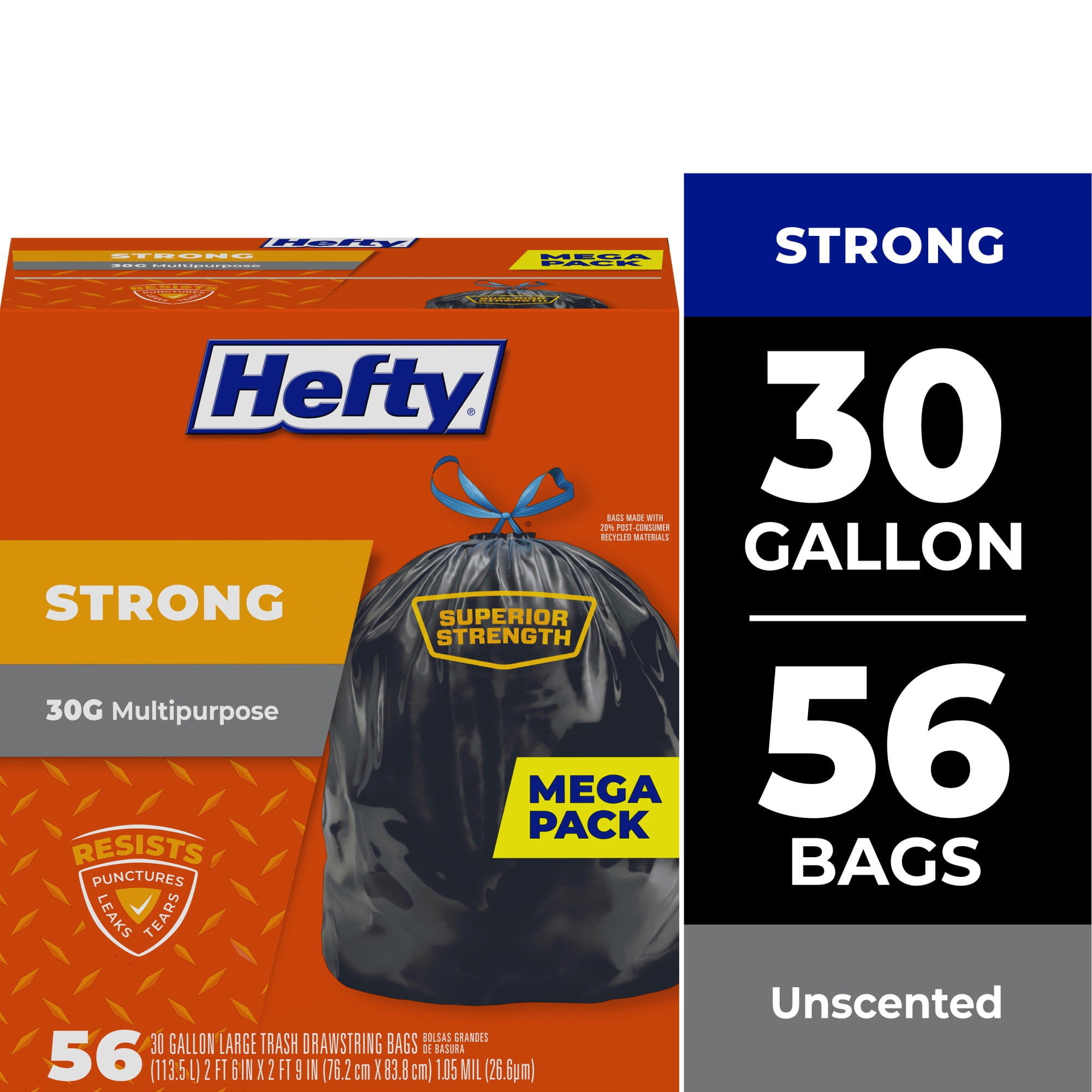 Hefty Strong 30 Gallon Trash Bags, Large Trash Bags, Black, Unscented, 56 Bags