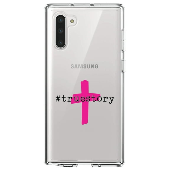 DistinctInk Clear Shockproof Hybrid Case for Samsung Galaxy Note 10 (6.3" Screen) - TPU Bumper Acrylic Back Tempered Glass Screen Protector - #truestory - Cross - Christian - Hot Pink