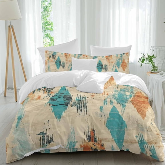 Bohemian Teal 4 Piece Duvet Cover Set Full Size Orange Argyle Geometric Beige Vintage Aztec Soft Bedding Set Comforter Cover, 1 Duvet Cover 1 Flat Sheets and 2 Pillowcases