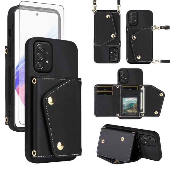 Furiet Wallet Case for Samsung Galaxy A53 5G with Tempered Glass Screen Protector Slim Flip Purse Shoulder Strap Card Holder Stand Phone Cover for A 53 G5 53A SM A536U 6.5" 2022 Women Men Black