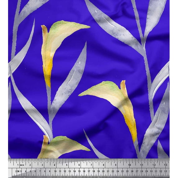 Soimoi Blue Rayon Fabric Leaves Watercolor Printed Fabric 1 Yard 42 Inch Wide
