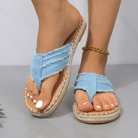 

Krdevn Women s Summer Fashion Clip Toe Flat Bottom Fabric Thongs Slippers Casual Comfortable Outdoor Beach Sandals Slippers -Light Blue 37