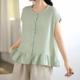 thumbnail image 6 of FRSASU Womens Ruffle Hem Shirts Short Sleeve Peplum Cardigans Crew Neck Button Cotton Linen Tops Mint Green, 6 of 9