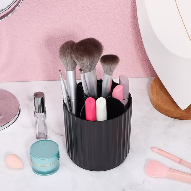 KAKOWELY Soporte Giratorio Para Brochas De Maquillaje Con Tapa Y Compartimentos Organizadores Negro