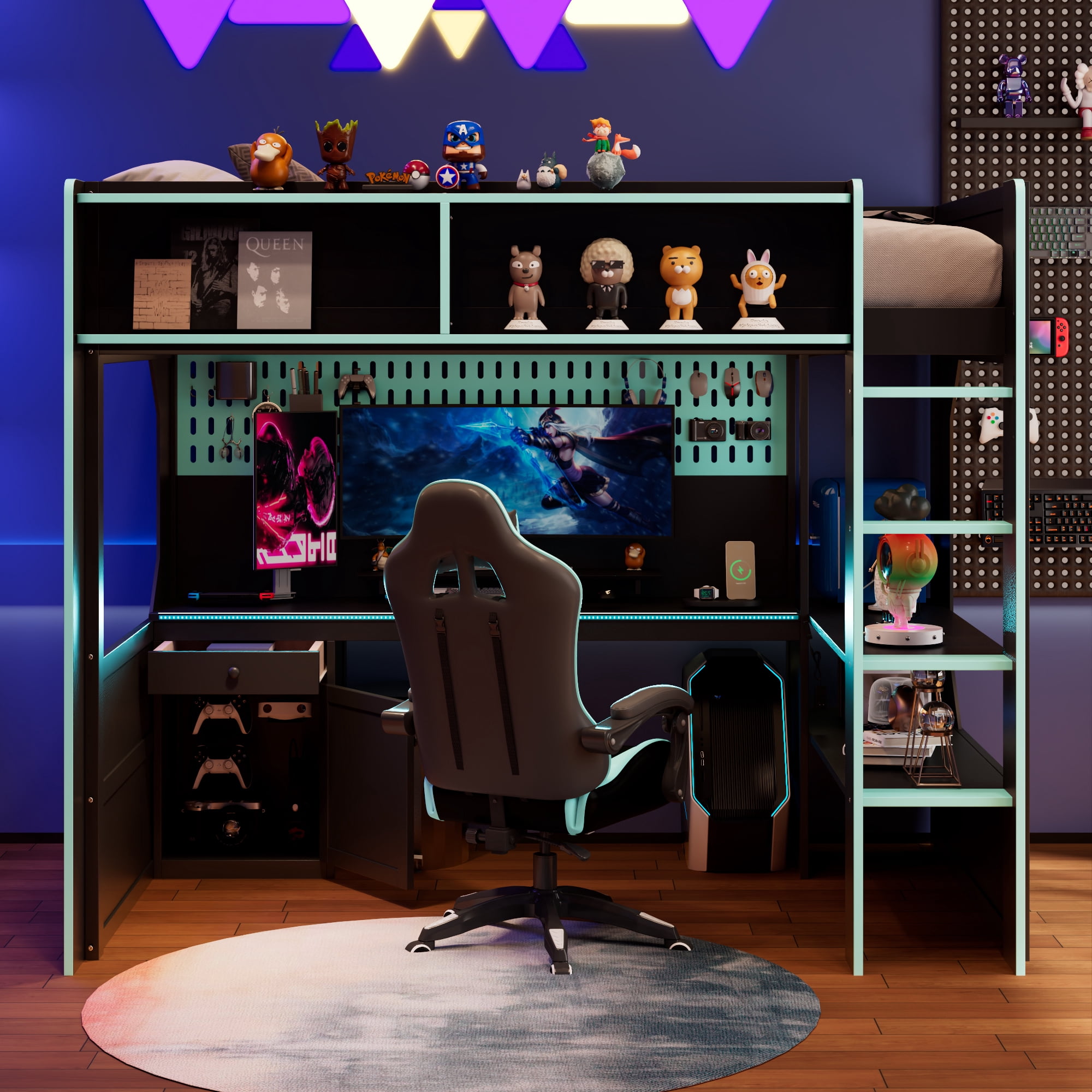 Aukfa Twin Size Gaming Loft Bed with Desk, LED Lights, Charging Station & Storage Shelves/Cabinet, Wooden Bed Frame for Kids, Black/Blue