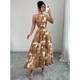 thumbnail image 3 of Khaki Watercolor Floral Print Halter Neck Smocked Waist A-Line Maxi Dress For Women, 3 of 7