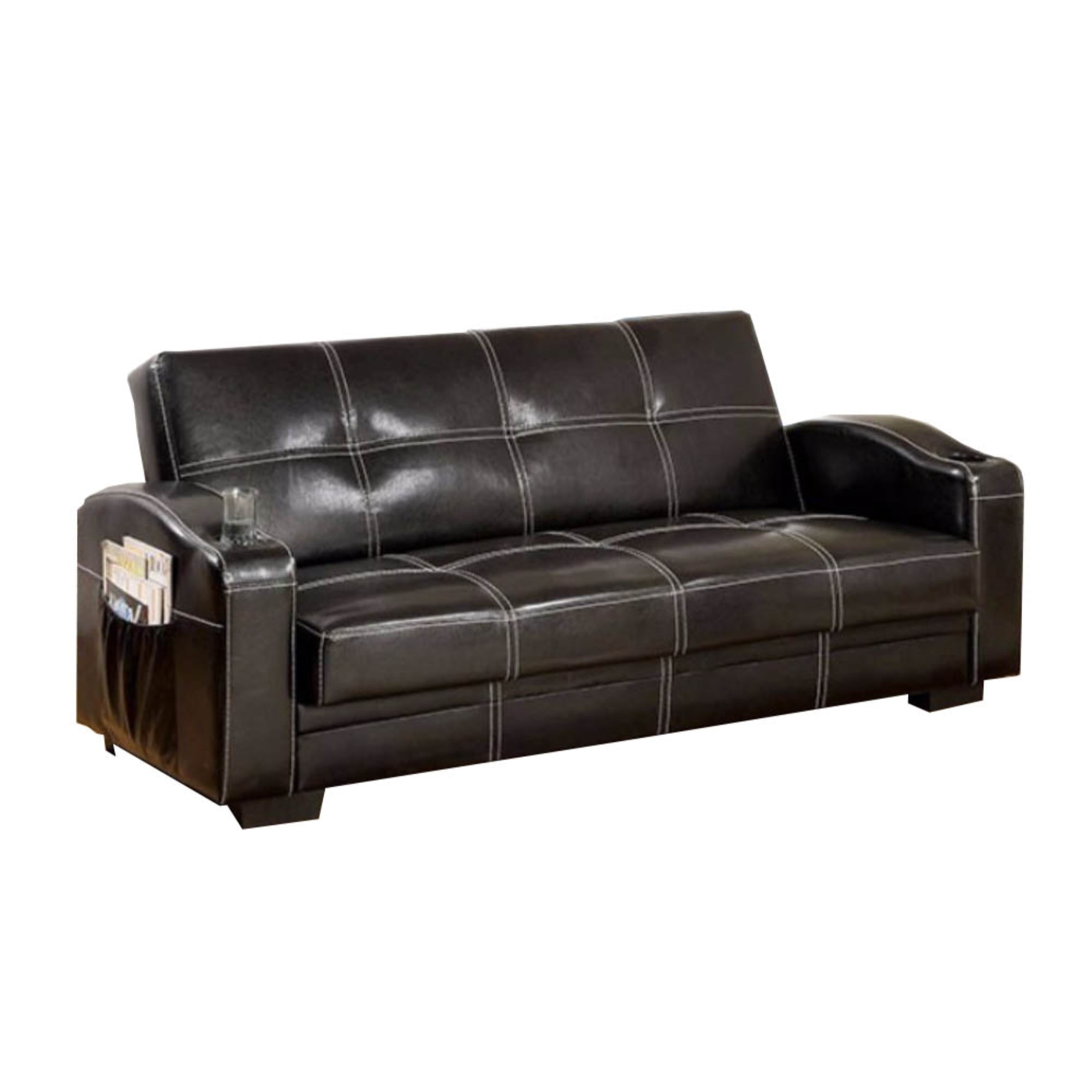 Leatherette Futon Sofa With Side Pocket, Black