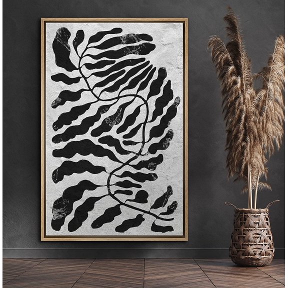 PixonSign Framed Canvas Print Wall Art Monstera Leaf Variety Nature Wildlife Illustrations Modern Art Modern Dramatic Grey Dark Black and White for Living Room, Bedroom, Office - 16"x24" Natural