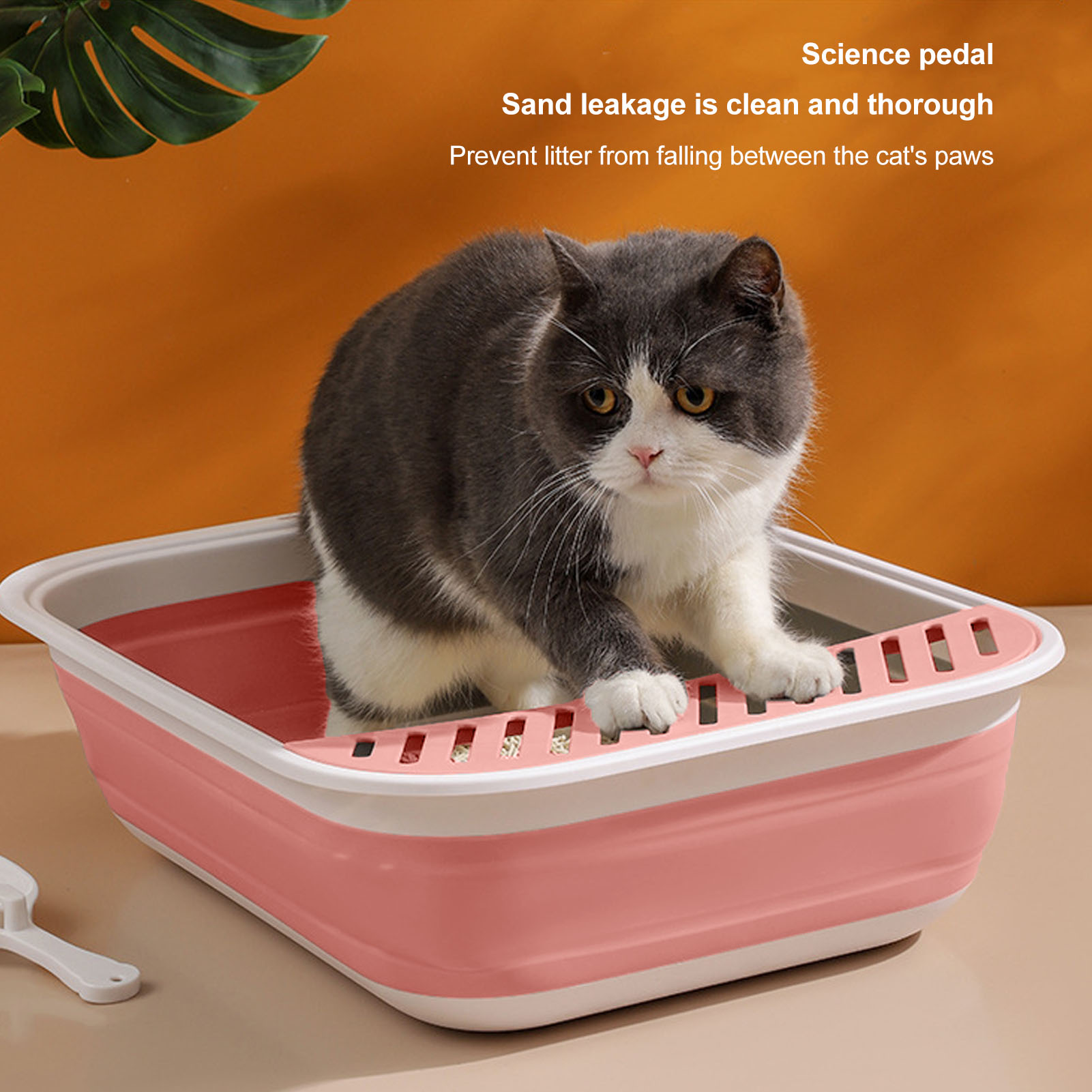 BIMZUC Folding Semi Enclosed Cat Litter Box with Scoop Splash Proof Kitten Toilet Bedpan, 18.1 inches / 46 cm Length, Portable Pet Potty Pan for Indoor Cats & Small Pets, Pink
