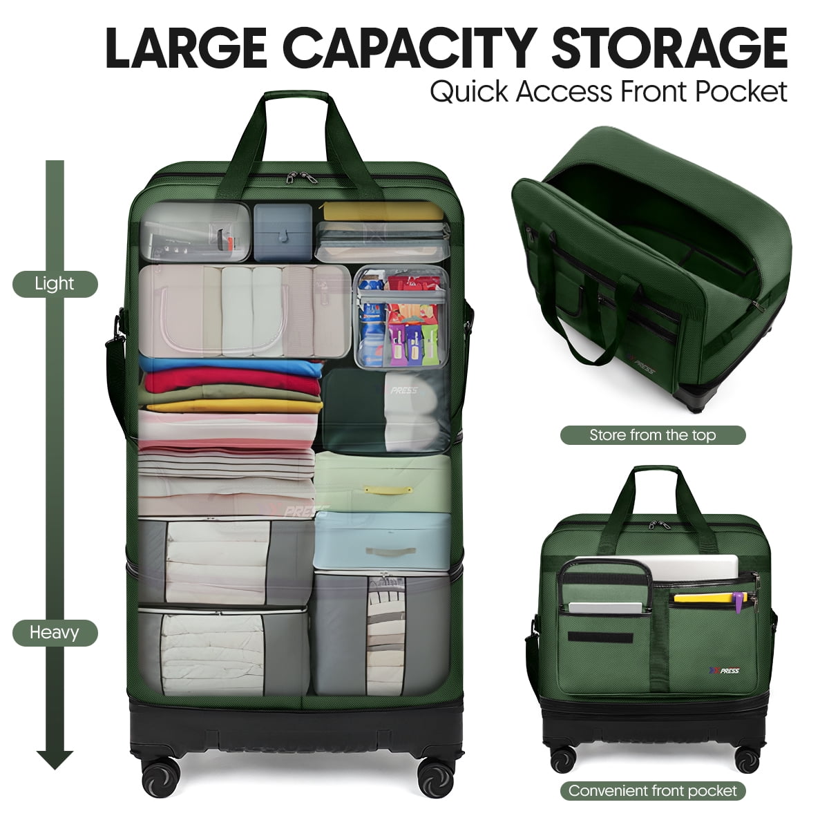 36″ Expandable Foldable Suitcase Bag Large Collapsible Rolling Luggage Bag for Storage, Moving & Abroad Travel, Green, JM