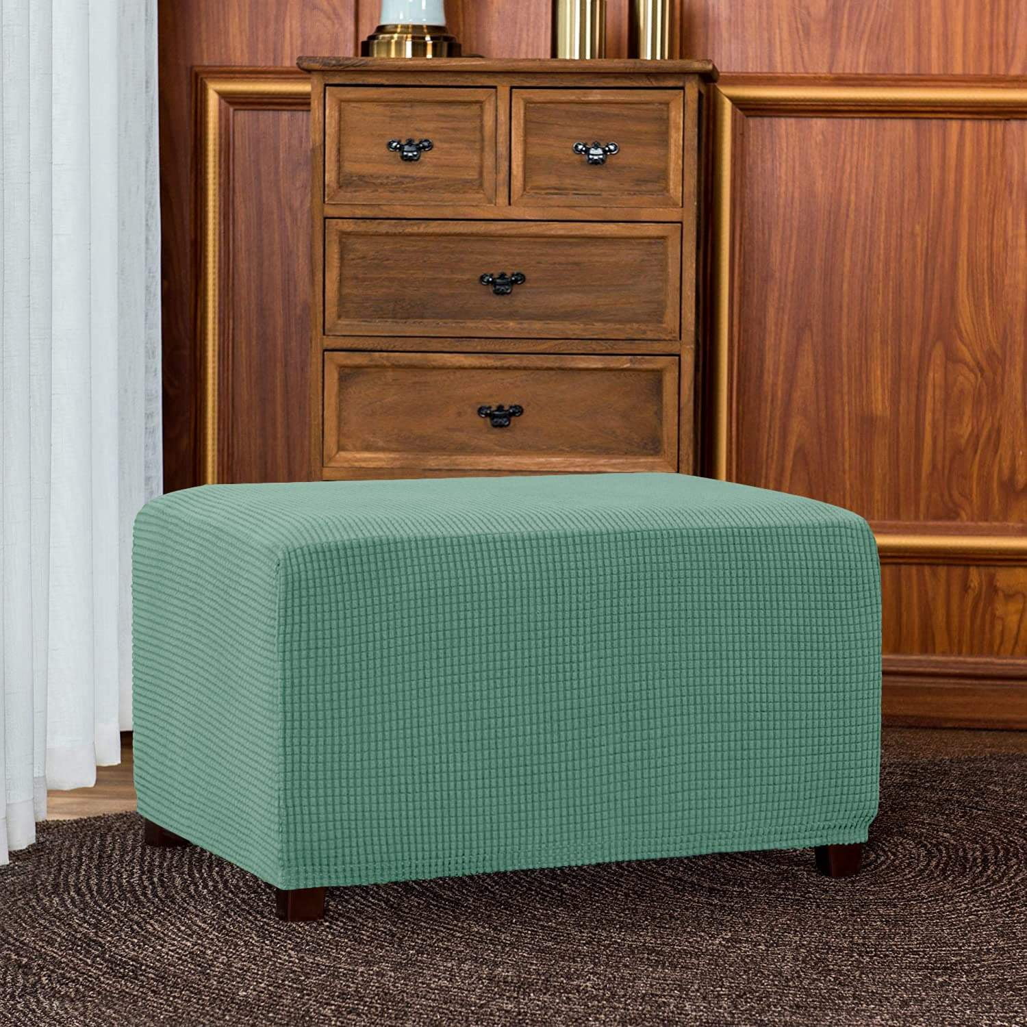 Subrtex Stretch Textured Grid Oversized Ottoman Slipcover, Dark Cyan