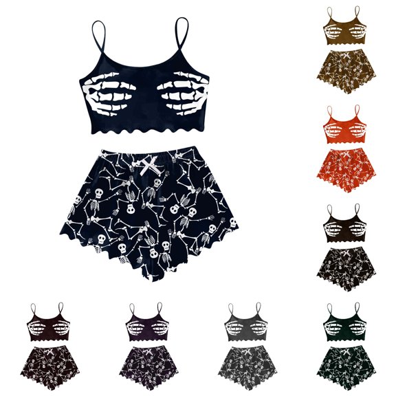 Weebloom Halloween Cute Pajama Sets For Women Sleeveless Vest Shorts Set Casual Print Home Wear Sleepwear Nightwear Pjs Loungewear Dark Blue Xl