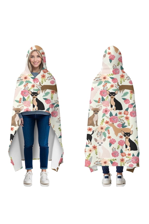 Wearable Blanket,Chihuahua and Pioneer Flower Hooded Wearable Flannel Blanket for Adults & Teens with Buckle,Winter Poncho Shawl Wrap Cape,50"x60"
