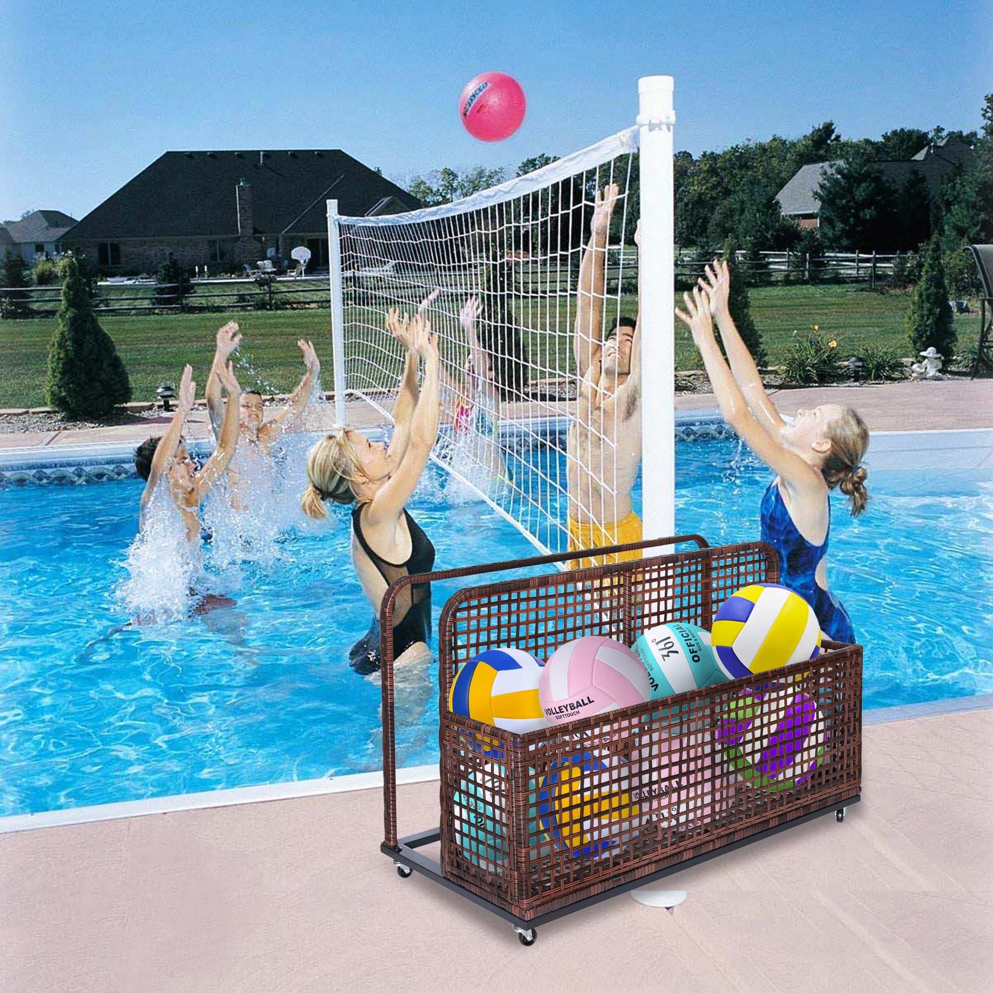 Poolside Storage Push Cart with Rattan Storage Basket, Outdoor Beach Storage Box with Rolling Wheels