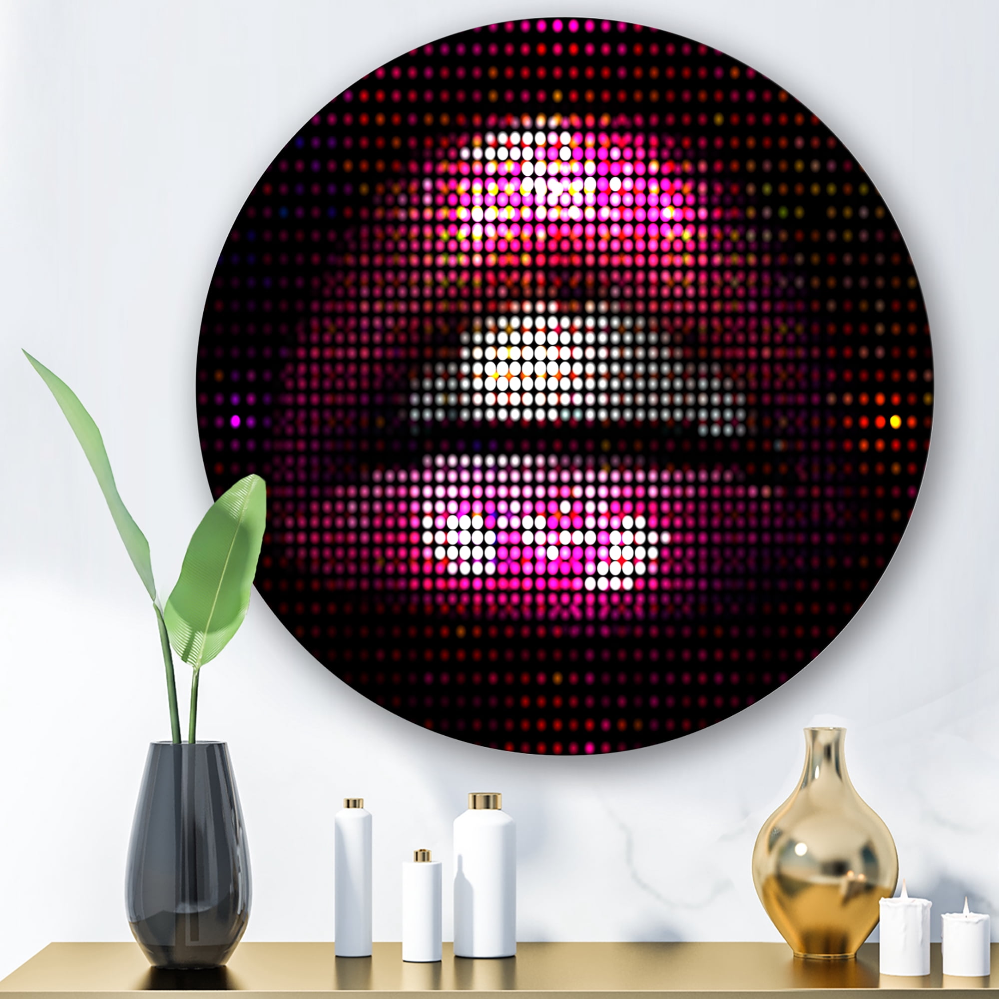 Designart 'Detail Of Pixellated Pink Woman Lips' Modern Circle Metal Wall Art 11x11 - Disc of 11