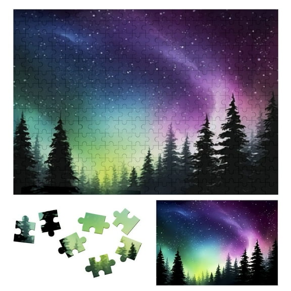JRXY Aurora Borealis Trees Night Sky Wooden Jigsaw Puzzle Challenging Difficult Wood Puzzles for Adults 300 PCS