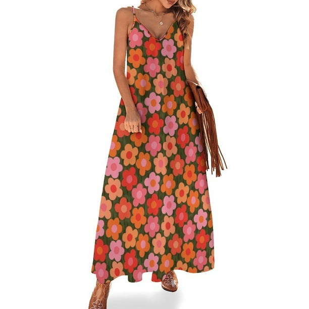 Vestido sin mangas con estampado floral retro bohemio alegre de flores de oliva Vestidos de verano para mujer