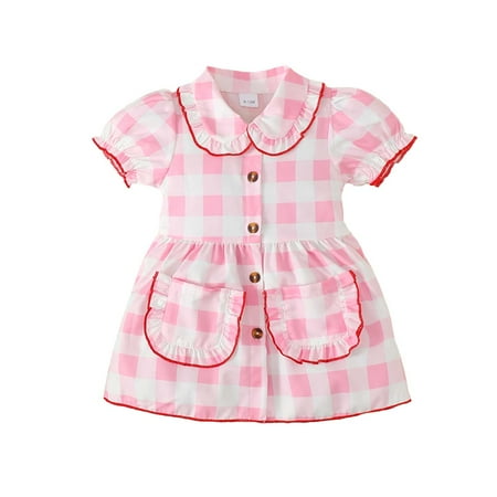 

KIMI BEAR Newborn Girls Dress 3 Months Newborn Girls Spring Summer Dress 6 Months Newborn Girls Plaid Printing Short Puff Sleeve Peter Pan Collar Drees Pink