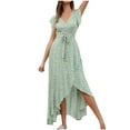 thumbnail image 2 of GaThRRgYP Fashion Women Summer Ruffle Bandage Casual V-Neck Print Short Sleeve Dress Green L, 2 of 5
